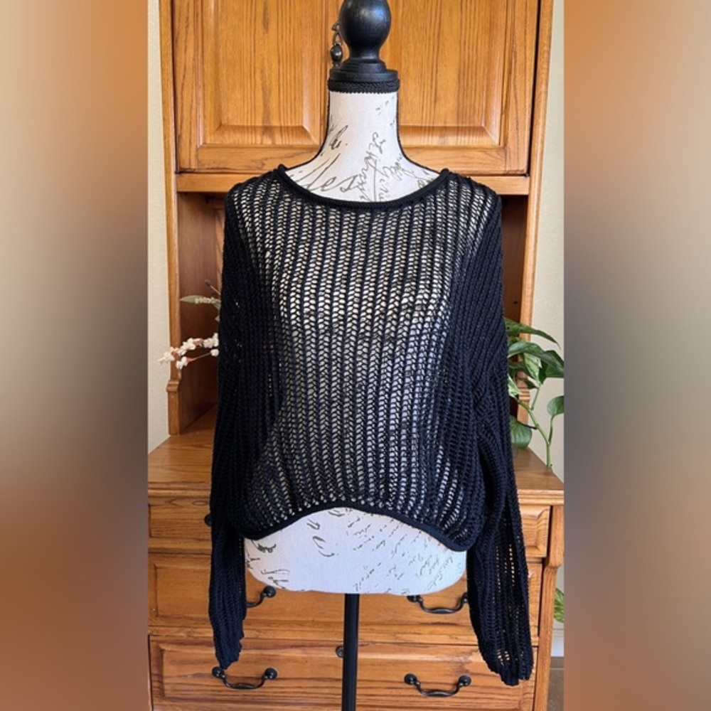 Orange Kiss‎ Essentials Black Open Knit Swim Cover Up Sweater Summer Large